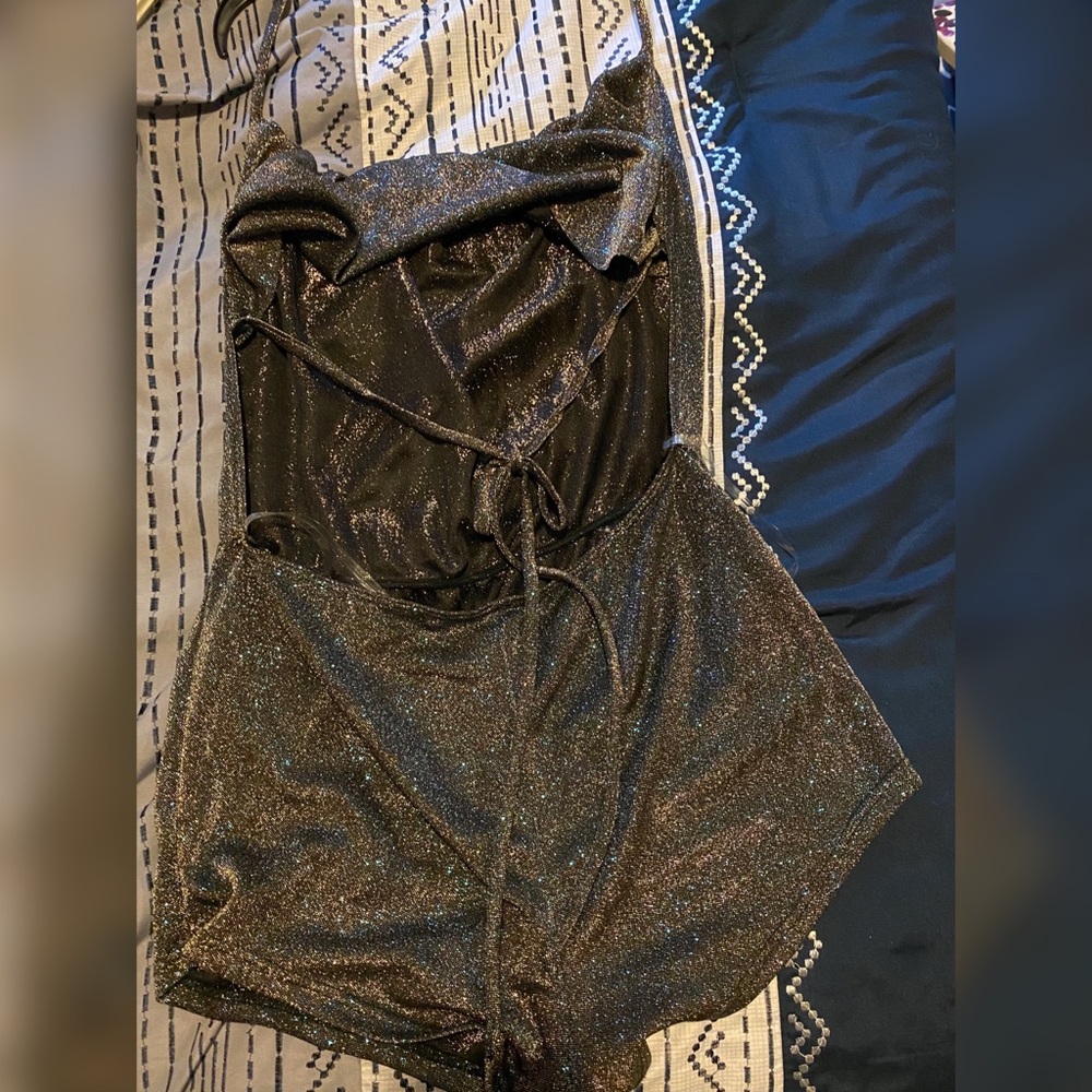 Backless, Cowl-Neck, Glitter Romper